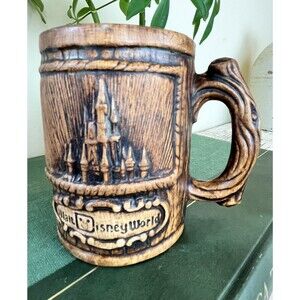 Vintage 1970's Disneyland Brown Ceramic Faux Wood 3D Mug Walt Disney Productions